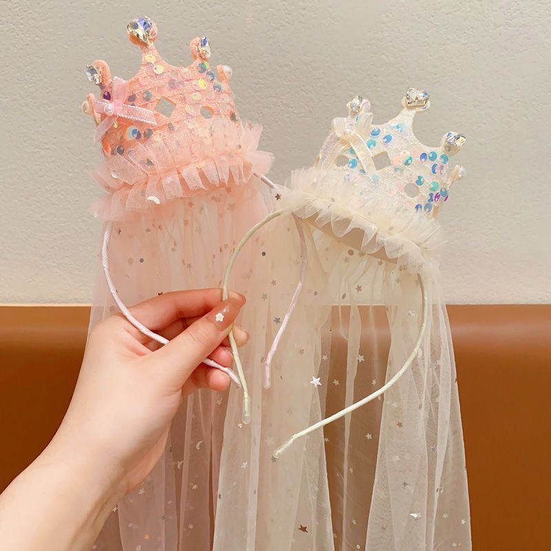 Glitter Tablecloth - มงกุฎเจ้าหญิง ผ้าคลุมศีรษะ ที่คาดผม ผ้าทูลล์ประกายวิบวับ เครื่องประดับผม สีชมพู