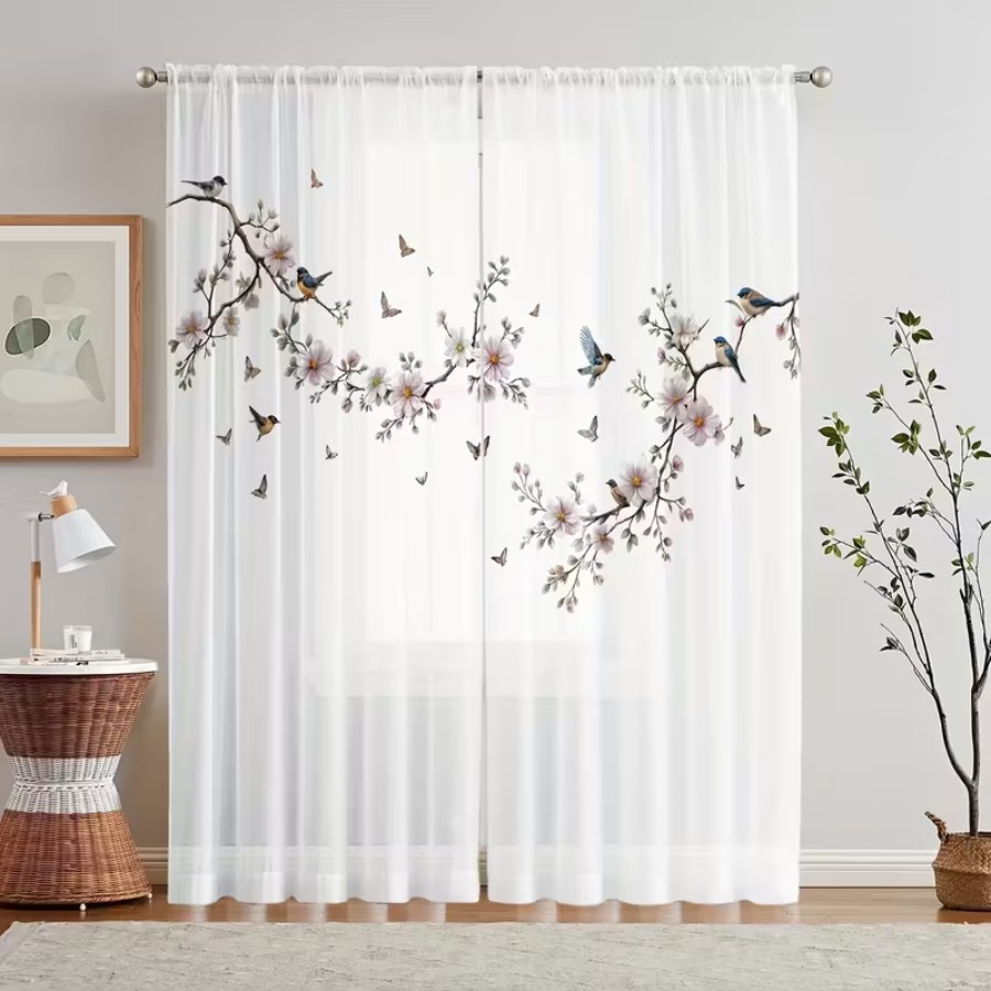 Flower Wall Panel - ม่านโปร่งแสงพิมพ์ลายดิจิทัล 2 ชิ้น ลายดอกไม้ นก ผีเสื้อ